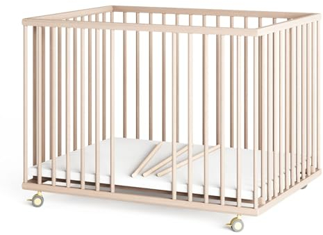 Sämann Laufstall Baby mit 3 Schlupfsprossen | TÜV geprüft | stufenlos höhenverstellbar | Laufgitter Premium | Babybett aus Holz | Krabbelgitter (natur, 75x100 cm)