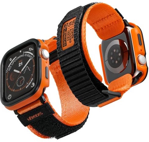 Nereides Rugged Case with Band for Apple Watch Straps 45mm, Nylon Sport Replacement Band with Cover for iWatch Strap Series 9/8/7 Men (Orange-2)