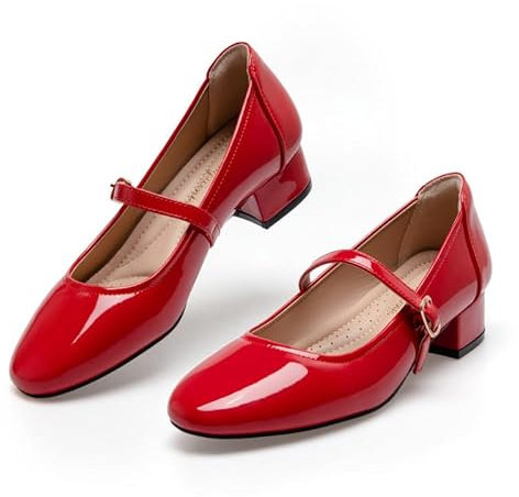 hingswink Mary Jane Shoes Women White Low Heels Dress Shoes Pumps for Women Dressy Low Heel 2 Inch Chunky Heel Mary Janes Pumps with Adjustable Ankle Strap for Women Dressy Casual, Red, Size6