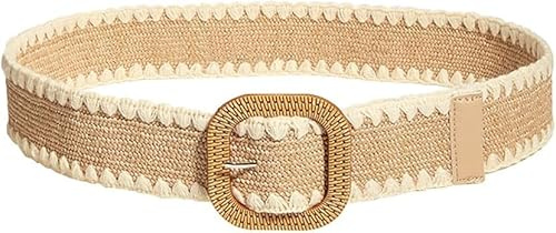 FFWTPY Gürtel Damen Elastischer Strohgürtel Geflochtener Breiter Sommer Strand Mode Boho Taillengürtel mit Schnalle Verstellbarer für Kleider Hemden Jeans (Beige)