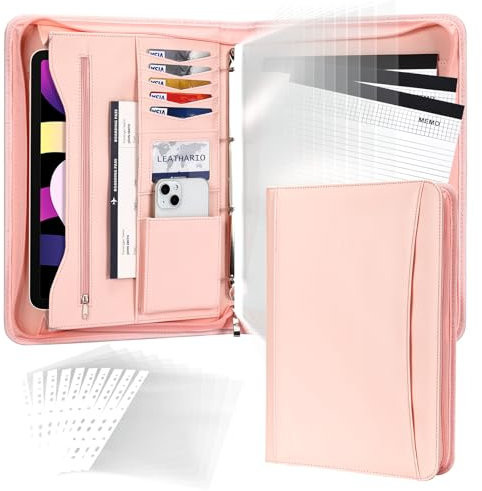 Leathario Portfolio A4 en PU Porte Document pour Bureau, Classeur à Quatre Anneaux avec Bloc - Notes, Agenda d'affaires Organiseur de Conférence,Conférencier pour Directeur