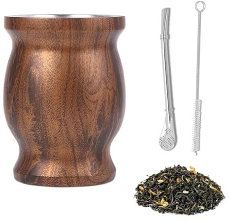 Set Mate, Juego de Tazas de Acero Inoxidable de Doble Pared, 230ml, con Pajita y Cepillo de Limpieza, para uso en Hogares, Restaurantes y Hoteles, Tazas Fáciles de Limpiar, Madera