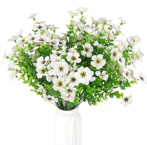 HBell 12 Bundles Outdoor Artificial Flowers UV Resistant Fake Boxwood Plants,Faux Plastic Greenery for Indoor Outside Hanging Plants Garden Porch Window Box Home Wedding Decor (White)