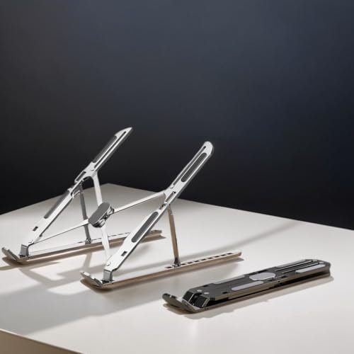 GrandMil Adjustable Laptop Stand for Desk – Foldable & Portable ABS+Silicone Desk Riser, Ventilated Cooling Holder for 10-17.3” Laptops & Tablets(Silver)