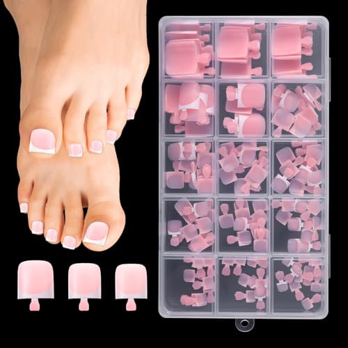 Lnngub 150 Stück Fußnägel zum Aufkleben, 15 Größen Falsche Fußnägel Kit Französische Kurze Quadratische Künstlich Zehennägel Press on Vollabdeckung Gel Zehennägel Tips für Damen Mädchen Maniküre DIY