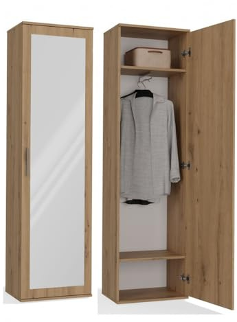 HOME HUB ATARA | Hall Storage cabinet with large mirror | 180x50x35 cm | Two shelves + clothes hanger inside | Hall furniture