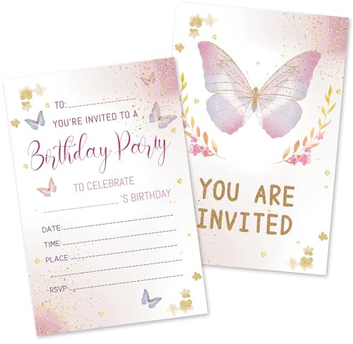 HOMANGA Lot de 20 invitations de fête d'anniversaire pour filles, cartes d'invitation d'anniversaire papillon avec enveloppes, invitations de fête pour enfants (10 x 15 cm, double face)