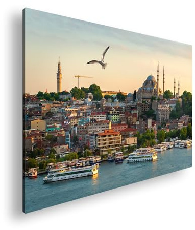 Farbenhorizont Leinwandbild Istanbul im Abendgold – Minarette, Boote und Möwenflug Format: 120x80cm XXL Wandbild auf Keilrahmen/Kunstdruck/Bild Wohnzimmer Dekoration
