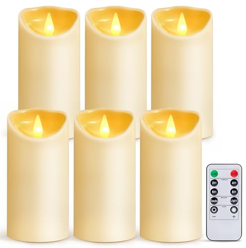 LED Candles Flameless Battery Operated-6x3 Set of 6 Artificial Electric Candle with Remote and Timer Plastic Pillar Electronic Flickering Light for Wedding Party Birthday Christmas Ivory AuroraWave