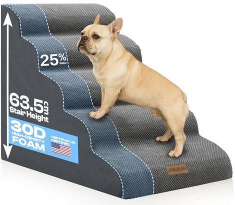Miorun Extra Wide Dog Stairs for Large Dogs Up to 80lbs, 25 Pet Steps for High Bed with Washable Cover, 5-Step Foam Bed & Couch Ladder for Small Medium Dogs & Senior Cat, Gray
