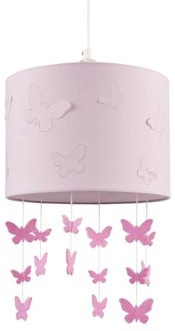 Modern Soft Pink Cotton Fabric Childrens Ceiling Pendant Light Shade with Butterfly Cut Outs and Hanging 3D Icons | 25cm x 19cm by Happy Homewares