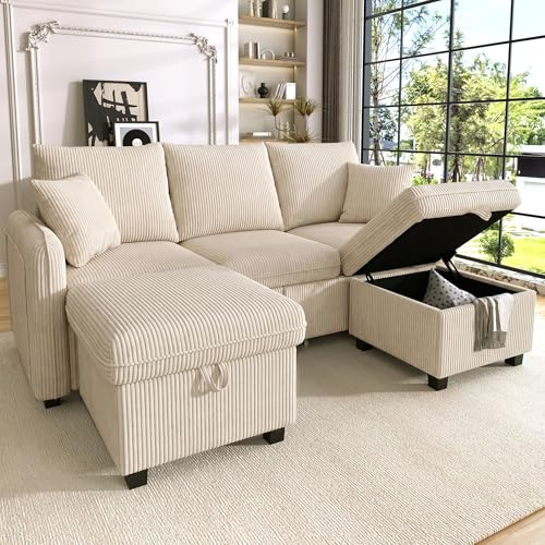 Bladez Ecksofa Set in Beige | U-Form 3-Sitzer Sofa mit 2 Staufußhockern & Schubladen | Modulares 3-Sitzer Schlafsofa aus Cord-Stoff | Multifunktionales Wohnlandschaft-Set für Kleine Wohnungen