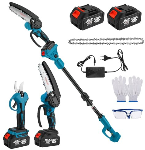 Podadora de pértiga inalámbrica 4 en 1 con mango telescópico - Motosierra de 6 pulgadas + tijera de podar de 32 mm + tijera de podar - Ángulo ajustable 180° - 2 baterías de 2,0 Ah para corte de árbole