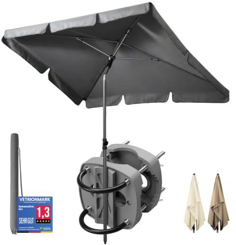 4smile Sonnenschirm Balkon SunnyShade - Sonnenschutz Balkon 3-in-1 SET, Anthrazit - UPF 50+ Sonnenschirm rechteckig 200 x 125 cm + Sonnenschirmhalter Balkongeländer + Sonnenschirmhülle