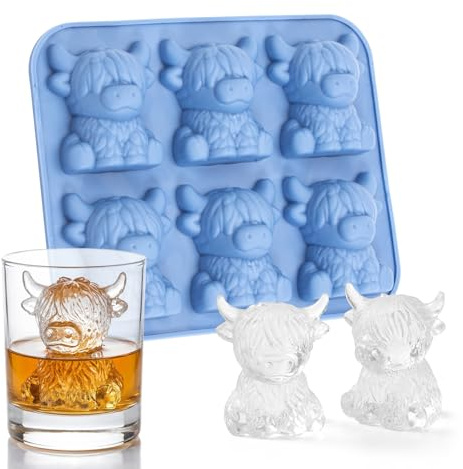 3D Hochlandrind Eiswürfelform Silikon,Eiswürfelform Klein für Cocktails, Whisky, Säfte, Bier und Getränke (Blau)