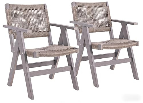 HIPS Outdoor Folding Chair with Woven Rope Seat & Back, Set of 2, Weather Resistant Patio Dining Chair with Armrests for Deck, Backyard, Garden, Poolsidee (Carbon Grey)