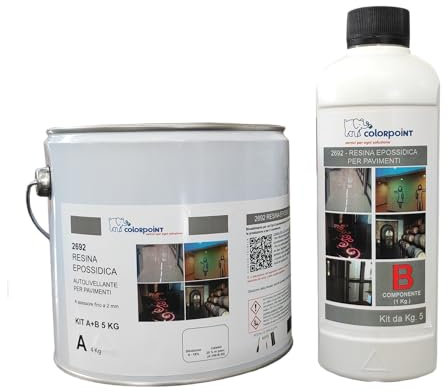 Generico RESINA EPOSSIDICA BICOMPONENTE PER PAVIMENTI LUCIDA - FACILE APPLICAZIONE A RULLO - RESA 40/50 MQ - 5 Kg (Grigio RAL 7040) RISULTATO PROFESSIONALE