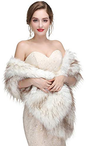 Ommda Damen Brautjacke Bolero Fell Winter Warm Hochzeitsjacke Hochzeitstuch Pelzimitat für Abendparty Hochzeitstuch Weiß (braunes Haar)