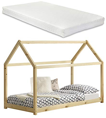 [en.casa] Kinderbett Netstal mit Matratze 90x200cm Natur Holz Haus Design Kiefernholz Bett Holzbett Hausbett Kaltschaummatratze Öko-Tex Standard 100 Allergikergeeignet Atmungsaktiv