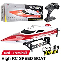 HONGXUNJIE RC Bateau Bateaux Radiocommandés,Bateaux de Course télécommandés pour piscines et Lacs étang Jardin 2,4 GHz Haute Vitesse 25/35 km/h