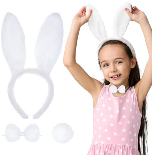 White Bunny 3-teiliges Set Hasenohren Fliege & Rundschwanz Flauschiges Osterhasen Deko-Set Verkleidung Party Zubehör Welttag Erwachsene Halloween Outfit