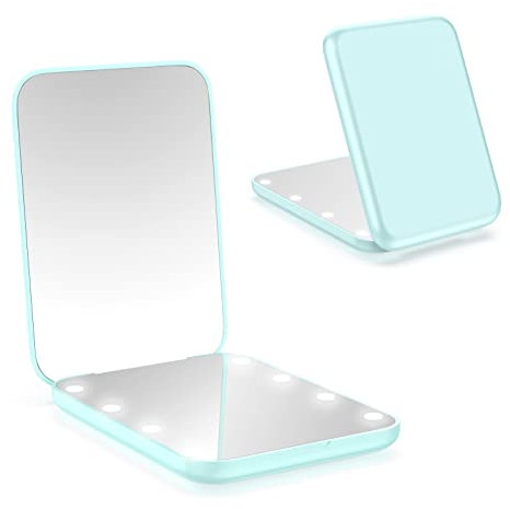 wobsion Miroir de maquillage de voyage éclairé par LED, 1x/3x à grossissement Miroir compact, Portable pour sac à main, poche, Miroir pliable éclairé de 8.5cm, Miroir portatif à deux faces, rond, cyan
