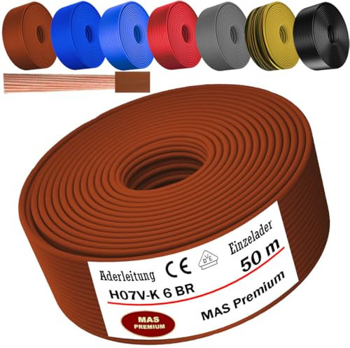 Cable H07 V-K 1 x 6 mm², negro, marrón, azul oscuro, amarillo, gris o azul claro, cable individual flexible de 5 m, 10 m, 20 m, 25 m, 30 m, 40 m, 50 m hasta 100 m (marrón, 50 m)
