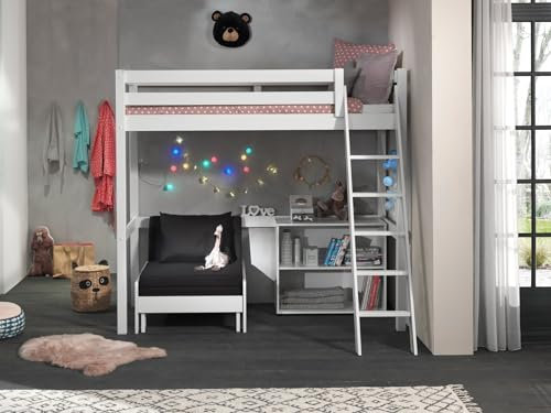 Vipack Hochbett mit Liegefläche 90 x 200 cm inkl. Sesselbett und Regal mit Zwei Fächern Kiefer massiv weiß lackiert