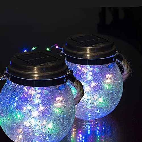 Lanterne Solaire Exterieur Jardin, ZQX 2 PCS 30 LED Boule de Lumière Solaire Craquelée Verre Lampe Suspendue Mason Jar avec Paille Eclairage IP65 Etanche Pour Pelouse, Fête, Cour, Mariage(Multicolore)