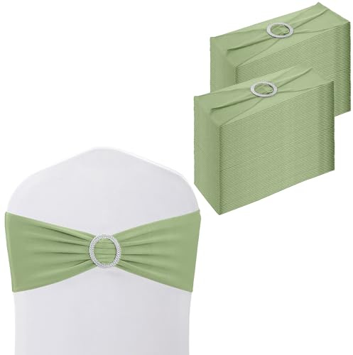 WedDecor Plain Spandex Chair Bands with Slider Buckle, Sage Green, 100pcs | Stretch Chair Sashes for Wedding Party Chair Decoration, Event Supplies, Formal Meeting, 13 x 6 Inches