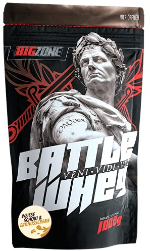 Big Zone BATTLE WHEY | Whey Protein Concentrate Eiweiss | Lecker Qualität Made in Germany | 1000g 1KG Pulver (Weisse Schoki & Erdnusscreme)