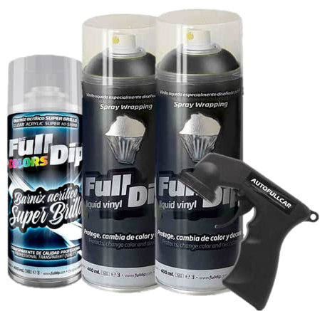 AutoFullCar - Pack 3 Spray Full Dip FULLDIP 2 Sprays Color a elegir + 1 Spray Barniz Brillo de Acabado Resistente (HyperBlack Metallic)
