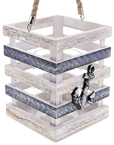 CoTa Global Silver Sea Nautical Hanging Wooden Tealight Candle Holder - Table Top Centerpiece Coastal Decor for Home, Beach House, Rustic Decorative Lantern with Boat Anchor - Handmade Color May Vary
