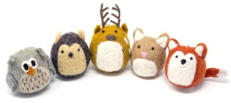 Gry & SIF Filz-Tiere, Deko-Figuren zum Hinstellen, Tier-Anhänger, Paten-Geschenk, Kinderzimmer-Deko, Handmade, Fairtrade | Wald-Tiere, 5er Set
