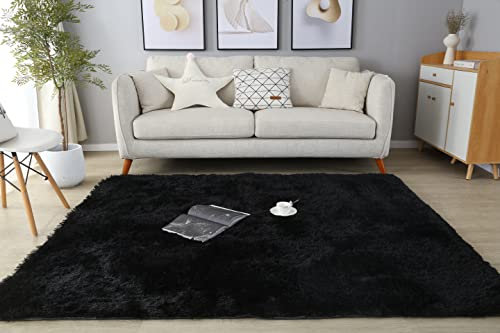 LYKEJI Teppiche für Kinderzimmer, Dekoration, Flauschige Teppiche, Shaggy-Teppiche, Lange, weiche Teppiche für Wohnzimmer, rutschfeste Teppiche für, Schlafzimmer, Fußmatten (100x200cm, Schwarz)