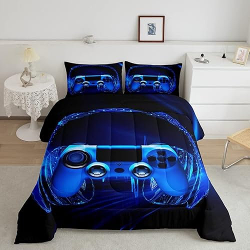 Feelyou Gamer Bedding Set Kids Video Game Gamepad Comforter Set for Boys Teens Gaming Headset Comforter Blue Game Controller Duvet Set Room Decor Quilt King Size Boys