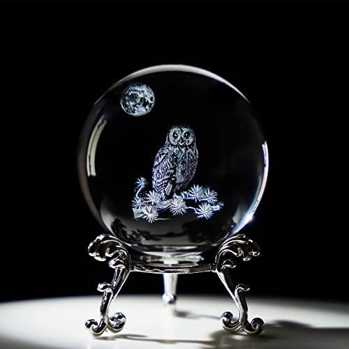 HDCRYSTALGIFTS 60 mm 3D-Laser-Kristallkugel, Briefbeschwerer, Eule, Figuren, Glaskugel, dekorative Kugeln mit Ständer, Geschenk