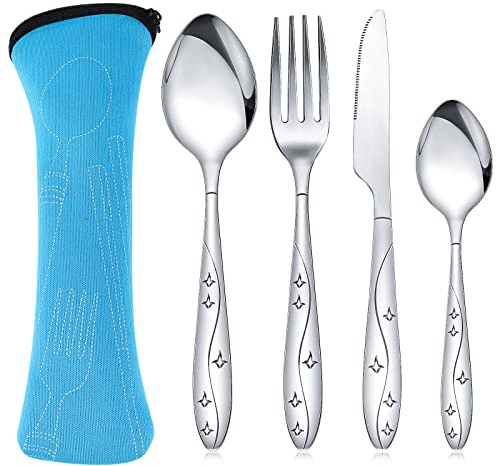 4 Pcs Cutlery Set with Portable Pouch Case, Stainless Steel Knife and Fork Flatware Set Camping Utensil Set for Picnic School Office Mirror Polished Dishwasher Safe(Blue)