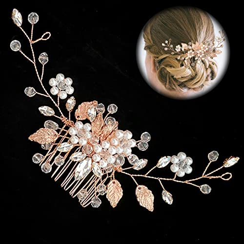 Hochzeit Haarkamm Blume Perle Kristall Blatt Braut Kopfschmuck Haarschmuck Brautschmuck für Frauen und Mädchen(Roségold)