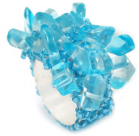 Avalaya Bague flexible en perles de verre et pierre Bleu clair Taille M, taille unique, Verre