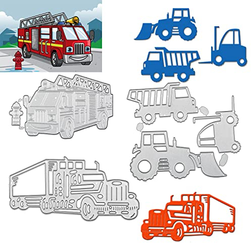 5 Stück Stanzschablone Auto Set Stanzformen Feuerwehrauto Feuerlöscher Schneiden lkw Traktor Bagger Prägeschablonen Prägung Schablone Stanzschablonen für Kinder DIY Scrapbooking Album Karten Basteln
