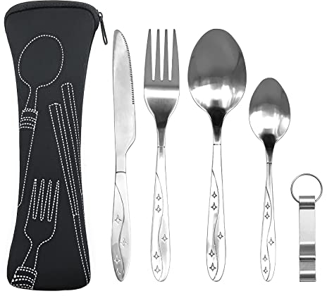 Brelet Campingbesteck Edelstahl - 5-Teiliges Set Mit Gabel, 2 × Löffel, Messer, Flaschenöffner Und Bestecktasche - Outdoor Geschirr Schwarz