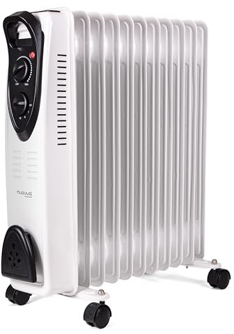 Oil Filled Radiator Free Standing – Electric Heater Energy Efficient – 11 Fin, 2500W, 3 Heat Settings – White, Electric Radiator – by Nuovva