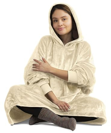 Walser Kuschelpullover, Snuggle Hoodie Decke mit Ärmeln und Kapuze, Oversize Hoodie Damen flauschig, Decken Hoodie Herren, Kuschel Decken Pulli XXL, Kuschelpulli, Blanket Hoodie 104x102 cm beige