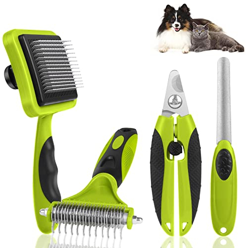 Adiwo Brosse pour Chien et Chat Poils Longs, 4 en 1 Brosse de Toilettage pour Animaux de Compagnie Professionnel avec Peigne Démêloir, Coupe Ongles pour Enlever Sous-Poils Tomentose