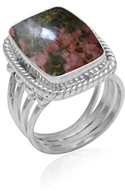 Veracity Jewelry 925 Sterling Silver Gemstone Statement Rings – Gift For Birthday Wedding Anniversary Mother's Day Ring – Vintage Boho Style Handmade Gifts (Unakite Jasper)