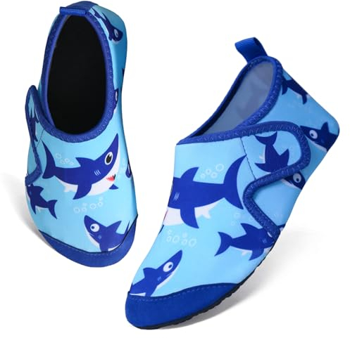 TMEOG Badeschuhe Kinder Wasserschuhe Kleinkind Schwimmschuhe Strandschuhe rutschfeste Aquaschuhe mit Klettverschluss Wattschuhe Meerschuhe Barfussschuhe für Jungen Mädchen(32/33 EU,Hai)