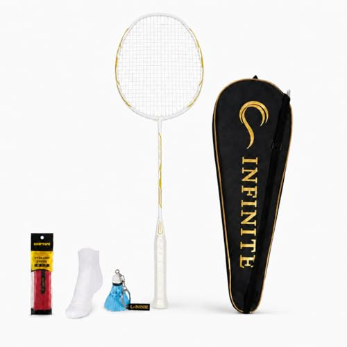 INFINITE Light Weight Badminton Racket with Free Racket Bag & & Socks & Grip & Badminton Keychain, High Carbon Fiber, 73g, G5, 24-30lbs, Suitable for Intermediate Level Players (White)