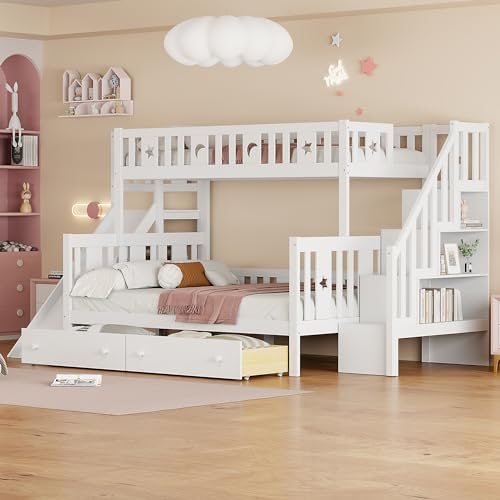 Zravenna Hochbett mit 2 Schubladen 90x200/140x200 cm Weiß, holzbett Etagenbett 2 Kinder Regal mit Sicherheitsstufen, Kinderhochbett Weiß (2 Schubladen mit Rutsche)