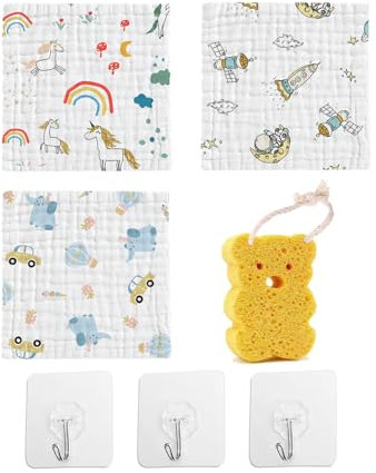 DHWEKU 3 Pcs Asciugamani Mussole Neonato＋1 Spugna Bagno Bambini+3 Ganci Adesivi,25x25cm in Cotone Morbido Asciugamani Bimbo in Stile Cartone Animato Pulizia Viso Lavette Neonato